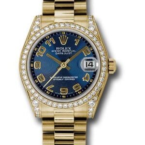 Rolex Yellow Gold Datejust 31 Watch - 48 Diamond Bezel - Blue Concentric Circle Arabic Dial - President Bracelet - 178158 blcap