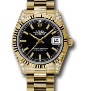 Rolex Yellow Gold Datejust 31 Watch - Fluted Bezel - Black Index Dial - President Bracelet - 178238 bkip