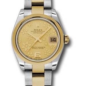 Rolex Steel and Yellow Gold Datejust 31 Watch - Domed Bezel - Champagne Floral Motif Dial - Oyster Bracelet - 178243 chfo