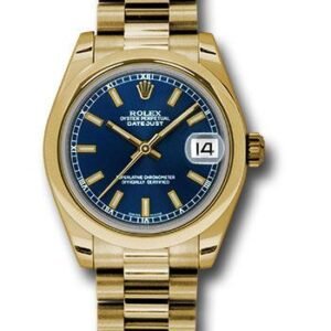 Rolex Yellow Gold Datejust 31 Watch - Domed Bezel - Blue Concentric Circle Index Dial - President Bracelet - 178248 blip