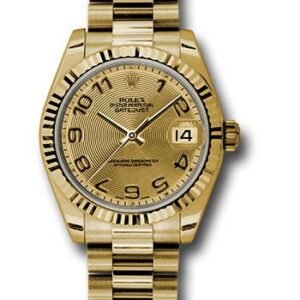 Rolex Yellow Gold Datejust 31 Watch - Fluted Bezel - Champagne Concentric Circle Arabic Dial - President Bracelet - 178278 chcap