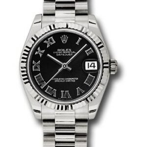 Rolex White Gold Datejust 31 Watch - Fluted Bezel - Black Roman Dial - President Bracelet - 178279 bkrp
