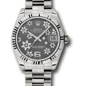 Rolex White Gold Datejust 31 Watch - Fluted Bezel - Dark Rhodium Floral Motif Dial - President Bracelet - 178279 rfp