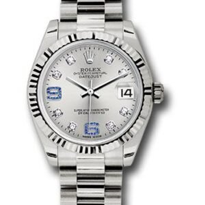 Rolex White Gold Datejust 31 Watch - Fluted Bezel - Silver Diamond Sapphire 6 And 9 Diamond Dial - President Bracelet - 178279 sdsap