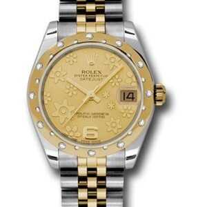 Rolex Steel and Yellow Gold Datejust 31 Watch - 24 Diamond Bezel - Champagne Floral Motif Dial - Jubilee Bracelet - 178343 chfj