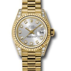 Rolex Yellow Gold Lady-Datejust 26 Watch - Fluted Bezel - Silver Diamond Dial - President Bracelet - 179238 sdp