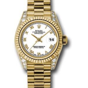Rolex Yellow Gold Lady-Datejust 26 Watch - Fluted Bezel - White Roman Dial - President Bracelet - 179238 wrp