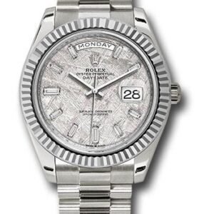 Rolex White Gold Day-Date 40 Watch - Fluted Bezel - Meteorite Baguette Diamond Dial - President Bracelet - 228239 mtdp