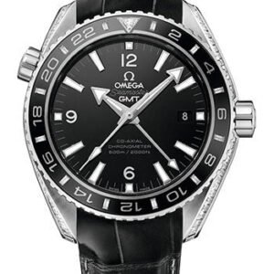 Omega Seamaster Planet Ocean 600 M Omega Co-Axial GMT Watch - 43.5 mm Platinum Case - Black Ceramic Bi-Directional Bezel - Black Dial - Black Leather Strap - 232.98.44.22.01.001