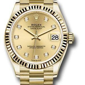 Rolex Yellow Gold Datejust 31 Watch - Fluted Bezel - Champagne Diamond Dial - President Bracelet - 278278 chdp