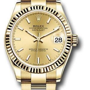 Rolex Yellow Gold Datejust 31 Watch - Fluted Bezel - Champagne Index Dial - Oyster Bracelet - 278278 chio