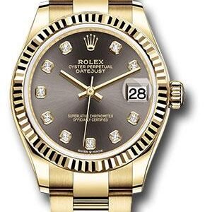 Rolex Yellow Gold Datejust 31 Watch - Fluted Bezel - Dark Grey Diamond Dial - Oyster Bracelet - 278278 dkgdo
