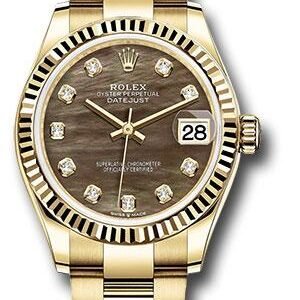 Rolex Yellow Gold Datejust 31 Watch - Fluted Bezel - Dark Mother-of-Pearl Diamond Dial - Oyster Bracelet - 278278 dkmdo
