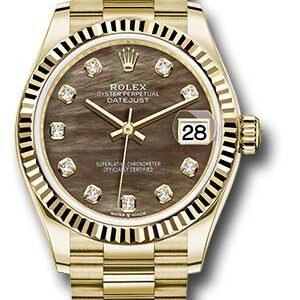 Rolex Yellow Gold Datejust 31 Watch - Fluted Bezel - Dark Mother-of-Pearl Diamond Dial - President Bracelet - 278278 dkmdp