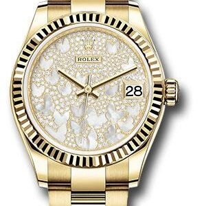 Rolex Yellow Gold Datejust 31 Watch - Fluted Bezel - Paved Mother-of-Pearl Butterfly Dial - Oyster Bracelet - 278278 pmopbo