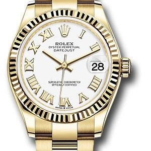Rolex Yellow Gold Datejust 31 Watch - Fluted Bezel - White Roman Dial - Oyster Bracelet - 278278 wro