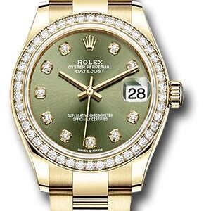 Rolex Yellow Gold Datejust 31 Watch - Diamond Bezel - Olive Green Diamond Dial - Oyster Bracelet - 278288RBR ogdo