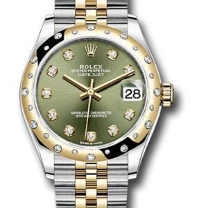 Rolex Steel and Yellow Gold Datejust 31 Watch - Domed Diamond Bezel - Olive Green Diamond Dial - Jubilee Bracelet - 278343 ogdj