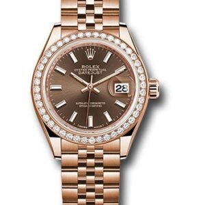Rolex Everose Gold Lady-Datejust 28 Watch - 44 Diamond Bezel - Chocolate Index Dial - Jubilee Bracelet - 279135RBR choij
