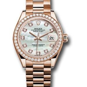 Rolex Everose Gold Lady-Datejust 28 Watch - 44 Diamond Bezel - Mother-of-Pearl Diamond Dial - President Bracelet - 279135RBR mdp