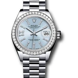 Rolex Platinum Lady-Datejust 28 Watch - 44 Diamond Bezel - Ice Blue Diamond Index Dial - President Bracelet - 279136RBR ib36dix8dp