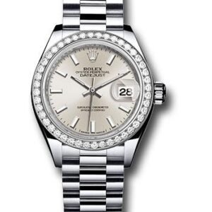Rolex Platinum Lady-Datejust 28 Watch - 44 Diamond Bezel - Silver Index Dial - President Bracelet - 279136RBR sip