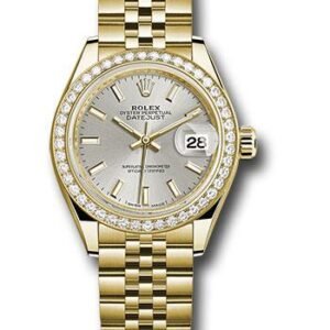 Rolex Yellow Gold Lady-Datejust 28 Watch - 44 Diamond Bezel - Silver Index Dial - Jubilee Bracelet - 279138RBR sij