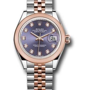 Rolex Steel and Everose Gold Rolesor Lady-Datejust 28 Watch - Domed Bezel - Aubergine Diamond Dial - Jubilee Bracelet - 279161 audj