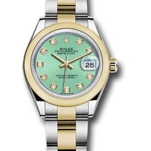 Rolex Steel and Yellow Gold Rolesor Lady-Datejust 28 Watch - Domed Bezel - Mint Green Diamond Dial - Oyster Bracelet - 279163 mgdo