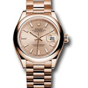 Rolex Everose Gold Lady-Datejust 28 Watch - Domed Bezel - Pink Sundust Index Dial - President Bracelet - 279165 pip