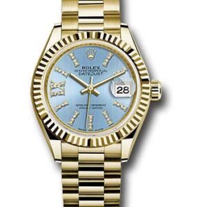 Rolex Yellow Gold Lady-Datejust 28 Watch - Fluted Bezel - Cornflower Blue Stripe Diamond Index Dial - President Bracelet - 279178 cbls36dix8dp