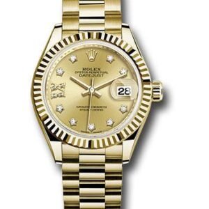 Rolex Yellow Gold Lady-Datejust 28 Watch - Fluted Bezel - Champagne Diamond Star Dial - President Bracelet - 279178 ch9dix8dp