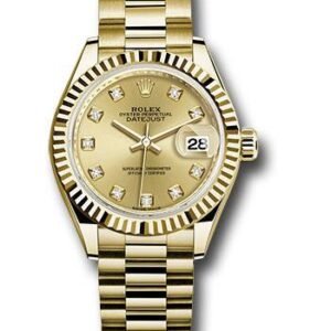Rolex Yellow Gold Lady-Datejust 28 Watch - Fluted Bezel - Champagne Diamond Dial - President Bracelet - 279178 chdp