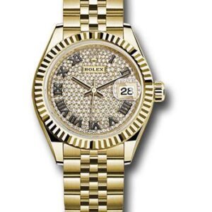 Rolex Yellow Gold Lady-Datejust 28 Watch - Fluted Bezel - Diamond Paved Roman Dial - Jubilee Bracelet - 279178 dprj