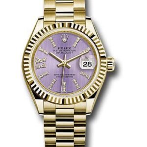 Rolex Yellow Gold Lady-Datejust 28 Watch - Fluted Bezel - Lilac Stripe Diamond Index Dial - President Bracelet - 279178 lils36dix8dp