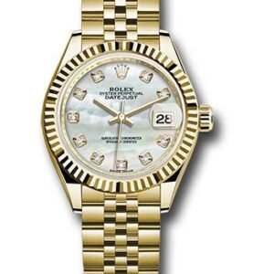Rolex Yellow Gold Lady-Datejust 28 Watch - Fluted Bezel - Mother-of-Pearl Diamond Dial - Jubilee Bracelet - 279178 mdj