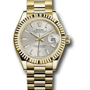 Rolex Yellow Gold Lady-Datejust 28 Watch - Fluted Bezel - Silver Index Dial - President Bracelet - 279178 sip