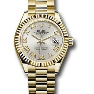 Rolex Yellow Gold Lady-Datejust 28 Watch - Fluted Bezel - Silver Roman Dial - President Bracelet - 279178 srp
