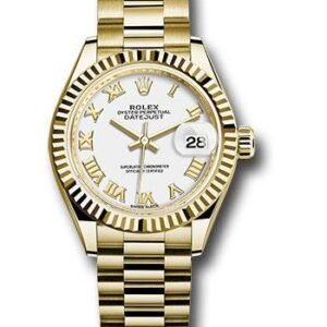Rolex Yellow Gold Lady-Datejust 28 Watch - Fluted Bezel - White Roman Dial - President Bracelet - 279178 wrp