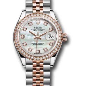 Rolex Steel and Everose Gold Rolesor Lady-Datejust 28 Watch - Diamond Bezel - White Mother-Of-Pearl Diamond Dial - Jubilee Bracelet - 279381RBR mdj