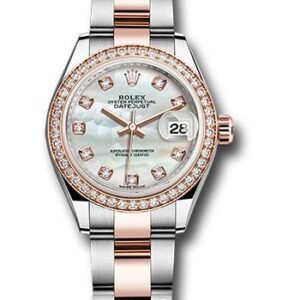 Rolex Steel and Everose Gold Rolesor Lady-Datejust 28 Watch - Diamond Bezel - White Mother-Of-Pearl Diamond Dial - Oyster Bracelet - 279381RBR mdo