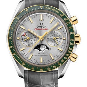 Omega Speedmaster Moonphase Master Chronometer Chronograph Watch - 44.25 mm Steel Case - Yellow Gold Bezel - Grey Diamond Dial - Grey Leather Strap - 304.23.44.52.06.001