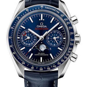 Omega Speedmaster Moonphase Master Chronometer Chronograph Watch - 44.25 mm Steel Case - Blue Liquid Metal Bezel - Blue Dial - Blue Leather Strap - 304.33.44.52.03.001
