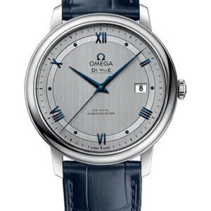 Omega De Ville Prestige Co-Axial Watch - 39.5 mm Steel Case - Rhodium-Silvery Dial - Blue Leather Strap - 424.13.40.20.02.003