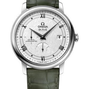 Omega De Ville Prestige Co-Axial Power Reserve Watch - 39.5 mm Steel Case - White Silvery Dial - Hunter Green Leather Strap - 424.13.40.21.02.004
