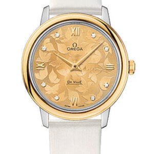 Omega De Ville Prestige Quartz Watch - 32.7 mm Steel Case - Yellow Gold Bezel - Champagne Diamond Dial - White Satin-Brushed Leather Strap - 424.22.33.60.58.001