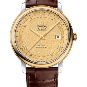 Omega De Ville Prestige Co-Axial Watch - 39.5 mm Steel And Yellow Gold Case - Champagne Dial - Brown Leather Strap - 424.23.40.20.08.001