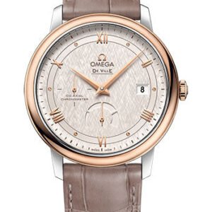 Omega De Ville Prestige Co-Axial Power Reserve Watch - 39.5 mm Steel And Red Gold Case - Ivory Silvery Dial - Taupe-Brown Leather Strap - 424.23.40.21.02.001