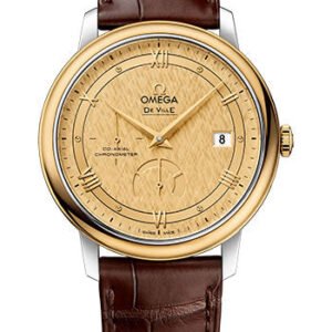 Omega De Ville Prestige Co-Axial Power Reserve Watch - 39.5 mm Steel And Yellow Gold Case - Champagne Dial - Brown Leather Strap - 424.23.40.21.08.001