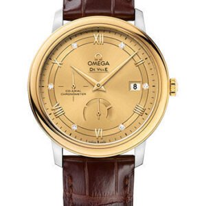 Omega De Ville Prestige Co-Axial Power Reserve Watch - 39.5 mm Steel Case - Yellow Gold Bezel - Champagne Diamond Dial - Brown Leather Strap - 424.23.40.21.58.001